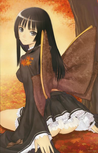 Anime picture 1933x3000 with tony taka single tall image looking at viewer fringe highres breasts light erotic black hair purple eyes ass traditional clothes japanese clothes autumn girl bow plant (plants) tree (trees) kimono leaf (leaves)