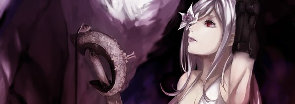 Anime picture 1742x620 with drakengard zero (drag-on dragoon) mikhail (drag-on dragoon) cham single long hair fringe breasts red eyes wide image large breasts cleavage silver hair braid (braids) hair over one eye armpit (armpits) portrait looking up pale skin flower over eye