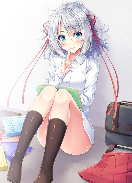 Anime picture 1100x1530 with original akashio (loli ace) single tall image looking at viewer blush fringe short hair blue eyes light erotic smile hair between eyes sitting payot silver hair full body ahoge indoors long sleeves no shoes