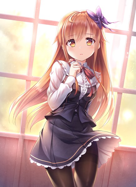 Anime-Bild 870x1200 mit original yuurei yashiki single long hair tall image looking at viewer blush brown hair standing yellow eyes sunlight lens flare girl uniform bow hair bow school uniform pantyhose window black pantyhose