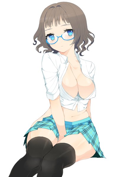 Anime picture 1400x2050 with original donacoo single tall image short hair breasts blue eyes light erotic black hair simple background white background sitting open clothes open shirt girl thighhighs black thighhighs miniskirt glasses