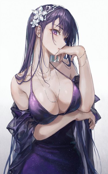 Anime picture 1200x1921 with genshin impact raiden shogun r o ha single long hair tall image fringe breasts light erotic simple background large breasts standing white background purple eyes bare shoulders looking away cleavage purple hair nail polish parted lips