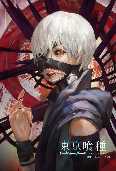 Anime picture 1323x1949 with tokyo ghoul studio pierrot kaneki ken hanare single tall image looking at viewer fringe short hair white hair nail polish fingernails lips alternate costume licking black sclera boy tongue monster