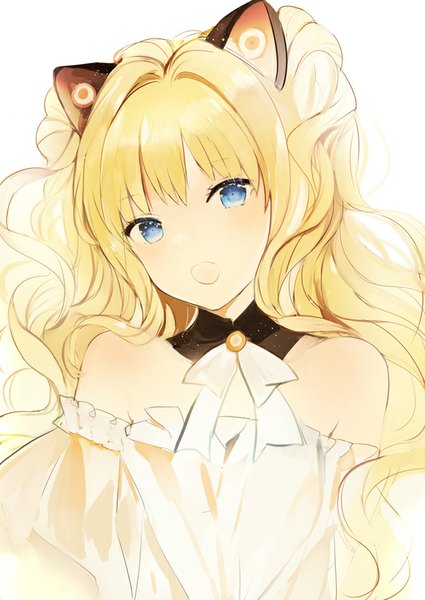 Anime picture 600x847 with vocaloid seeu lpip single long hair tall image looking at viewer blush fringe open mouth blue eyes simple background blonde hair white background bare shoulders upper body long sleeves head tilt wide sleeves hair bun (hair buns)