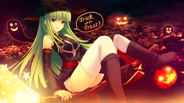 Anime picture 1280x720 with code geass sunrise (studio) c.c. coffee-kizoku single long hair looking at viewer light erotic wide image sitting brown eyes green hair halloween ghost witch broom riding trick or treat girl thighhighs witch hat