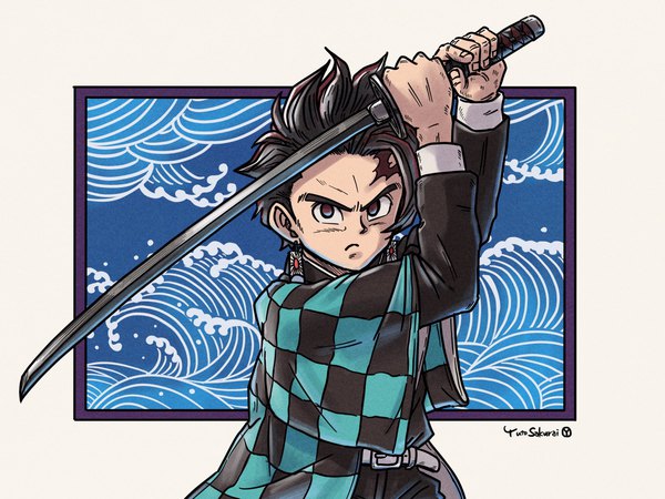 Anime picture 2048x1536 with kimetsu no yaiba ufotable kamado tanjirou yuto sakurai single looking at viewer highres short hair black hair brown eyes signed traditional clothes japanese clothes fighting stance serious checkered boy weapon earrings sword