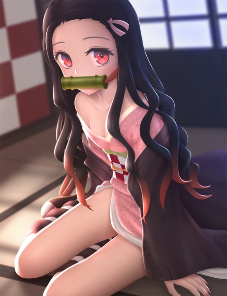Anime picture 1000x1300 with kimetsu no yaiba ufotable kamado nezuko siraha single long hair tall image looking at viewer light erotic black hair red eyes sitting holding full body indoors long sleeves traditional clothes japanese clothes blurry off shoulder