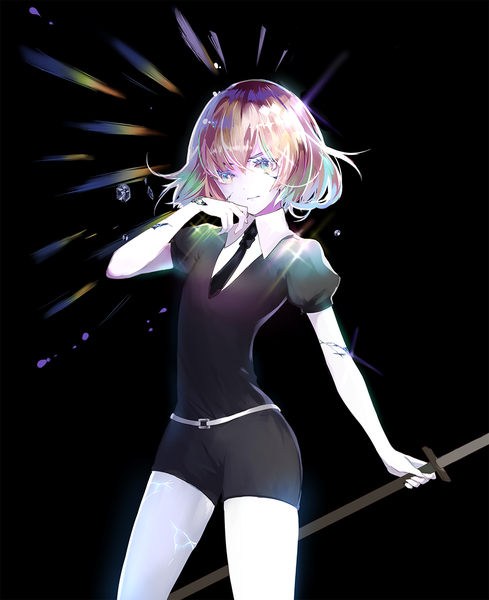 Anime picture 979x1200 with houseki no kuni diamond (houseki no kuni) issign single tall image looking at viewer fringe short hair simple background hair between eyes standing holding pink hair multicolored hair aqua eyes short sleeves puffy sleeves floating hair black background pale skin