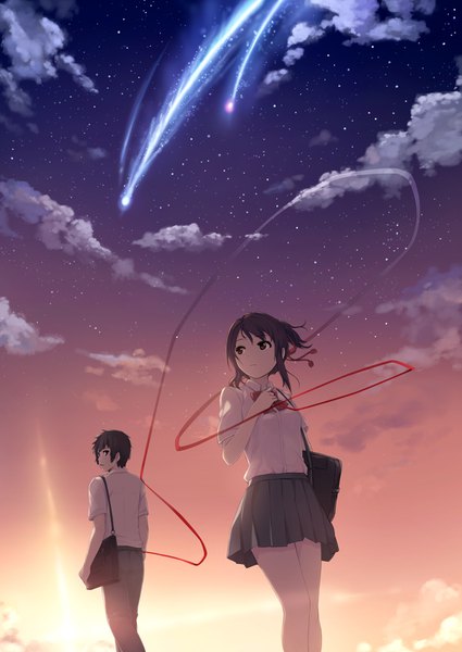 Anime picture 1133x1600 with kimi no na wa miyamizu mitsuha tachibana taki coffee-kizoku tall image short hair black hair brown eyes looking away sky cloud (clouds) looking back girl boy skirt uniform school uniform shirt thread red thread