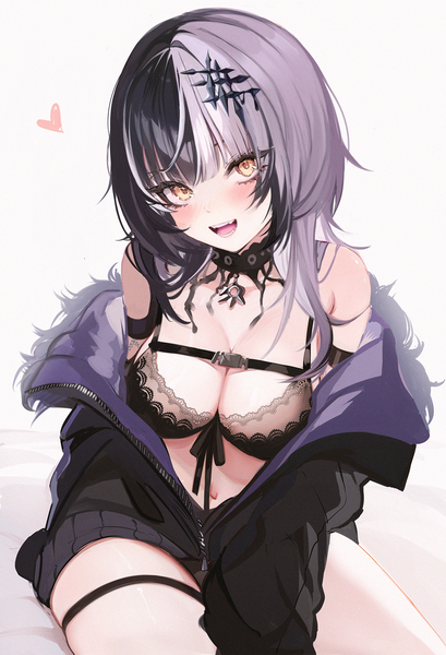 Anime picture 1090x1600 with virtual youtuber hololive hololive english shiori novella koahri single long hair tall image looking at viewer blush fringe breasts open mouth light erotic black hair simple background white background sitting bare shoulders yellow eyes