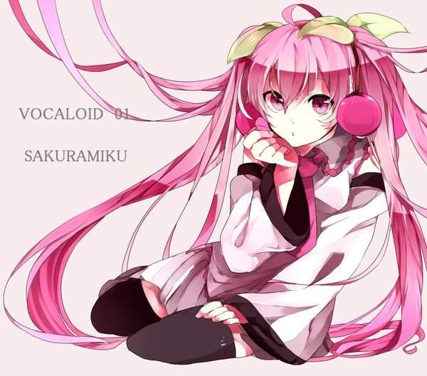 Anime picture 1700x1500 with vocaloid hatsune miku sakura miku hibiya single long hair looking at viewer simple background sitting twintails pink hair ahoge pink eyes inscription girl thighhighs skirt black thighhighs detached sleeves necktie
