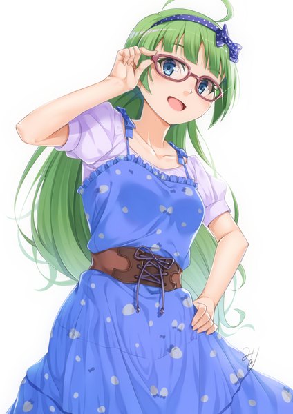 Anime picture 827x1169 with idolmaster idolmaster million live! shimabara elena miri (ago550421) single long hair tall image blush fringe open mouth blue eyes simple background smile white background ahoge blunt bangs :d green hair short sleeves puffy sleeves