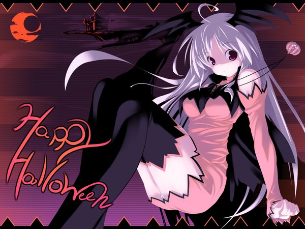 Anime picture 1600x1200 with original senmu single looking at viewer light erotic simple background red eyes sitting ahoge white hair wallpaper thighs halloween head wings vampire happy halloween girl thighhighs dress black thighhighs