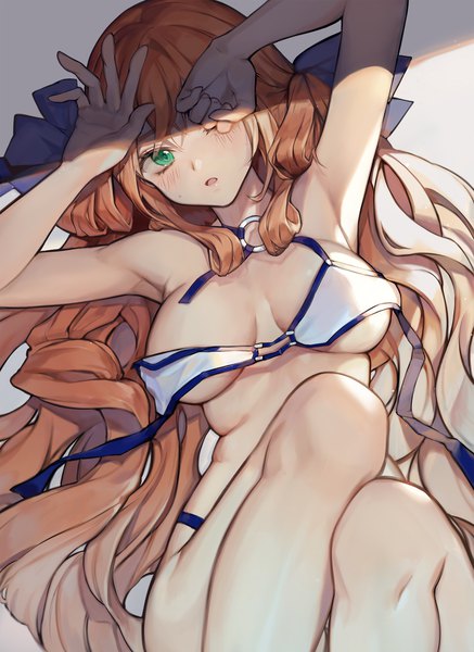 Anime picture 1500x2056 with girls frontline m1903 springfield (girls frontline) minncn single long hair tall image looking at viewer blush fringe breasts light erotic simple background hair between eyes brown hair large breasts brown eyes green eyes bent knee (knees) lying one eye closed