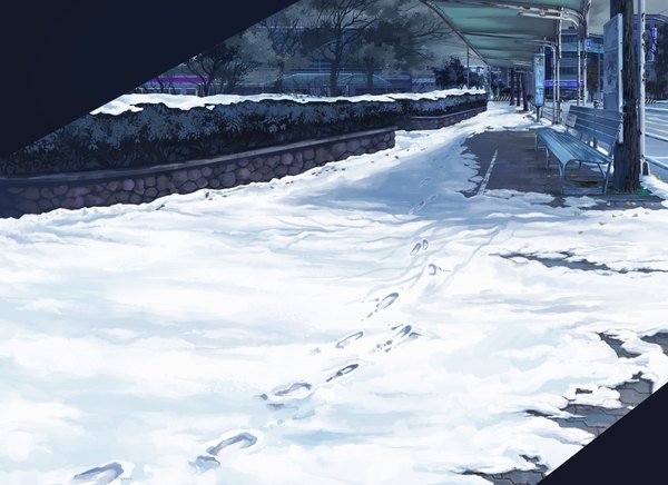 Anime picture 1918x1394 with original gom jabbar highres city winter snow cityscape no people landscape footprints plant (plants) tree (trees) building (buildings) wire (wires) bench power lines traffic sign traffic lights sign