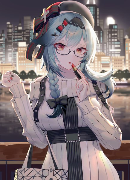 Anime picture 4500x6200 with genshin impact eula lawrence rib (rib delesetong) single long hair tall image highres red eyes blue hair looking away absurdres outdoors braid (braids) nail polish alternate costume lipstick city side braid cityscape red nail polish