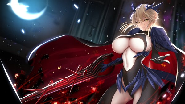 Anime picture 2534x1426 with fate (series) fate/grand order artoria pendragon (all) artoria pendragon (lancer alter) nekoda (maoda) single looking at viewer fringe highres short hair breasts light erotic blonde hair hair between eyes wide image standing holding yellow eyes payot outdoors
