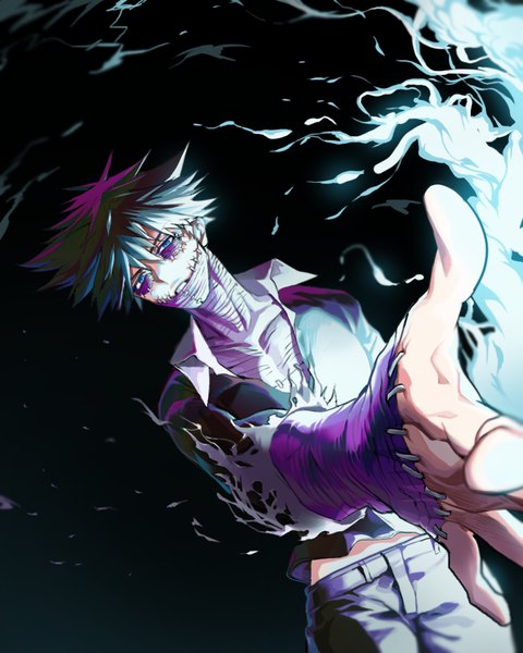 Anime picture 800x1000 with boku no hero academia studio bones dabi (boku no hero academia) migumi single tall image looking at viewer fringe short hair blue eyes black hair hair between eyes outstretched arm purple skin boy stitches