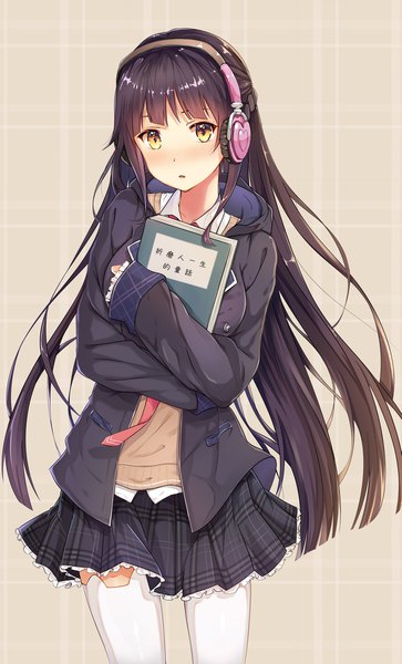 Anime picture 1163x1920 with original guanghe zuoyong de de yezi single long hair tall image looking at viewer blush fringe open mouth black hair simple background standing holding yellow eyes inscription plaid skirt girl thighhighs skirt uniform