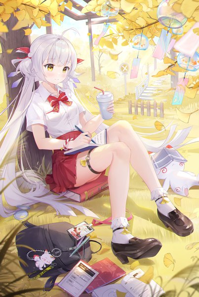 Anime picture 2756x4100 with original somna single long hair tall image blush fringe highres light erotic sitting twintails holding yellow eyes payot looking away full body ahoge bent knee (knees) outdoors white hair
