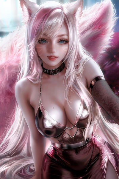 Anime-Bild 4000x6000 mit league of legends ahri (league of legends) the baddest ahri nixeu single tall image looking at viewer blush fringe highres breasts blue eyes light erotic blonde hair smile large breasts sitting animal ears absurdres tail
