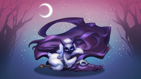 Anime picture 1920x1080 with league of legends kindred (league of legends) lamb (league of legends) phantom (ptcrow) long hair highres wide image purple hair white hair eyes closed sleeping crescent plant (plants) animal tree (trees) moon wolf sheep