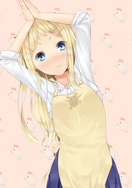 Anime picture 839x1191 with denki-gai no honya-san hiotan qzik single long hair tall image looking at viewer blush blue eyes blonde hair upper body long sleeves head tilt pleated skirt arm up arms up leaning embarrassed pink background hands clasped
