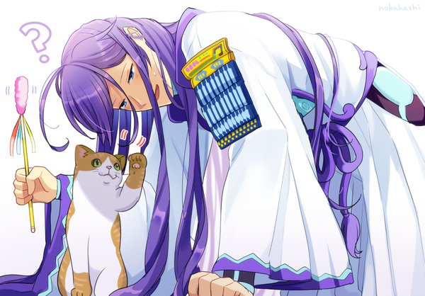 Anime picture 898x625 with vocaloid kamui gakupo nokuhashi single long hair blue eyes simple background white background signed purple hair ahoge sweatdrop on all fours ? boy animal cat cattail