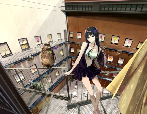 Anime picture 1536x1192 with original mikipuruun no naegi long hair fringe black hair smile standing looking away hair flower from above black eyes crossed legs (standing) girl skirt flower (flowers) animal window bird (birds) rose (roses) black skirt