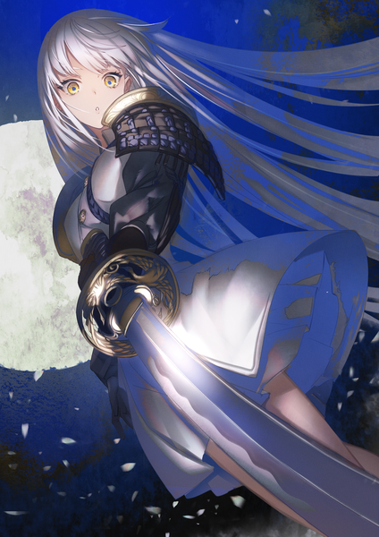 Anime picture 1415x2000 with original makai no juumin single long hair tall image looking at viewer fringe breasts standing holding yellow eyes outdoors white hair blunt bangs parted lips wind night from below dutch angle night sky