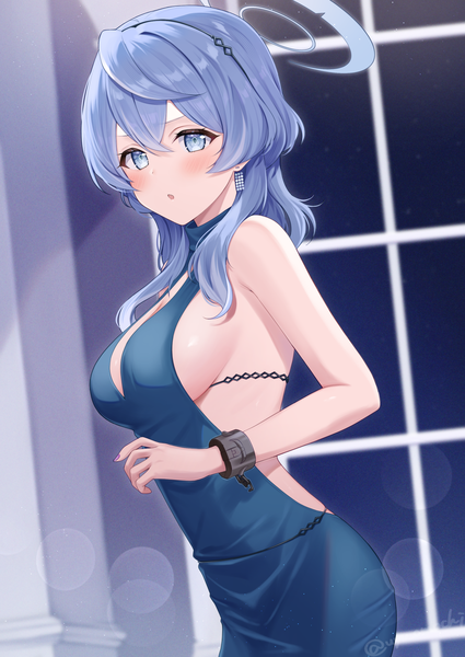 Anime picture 1680x2372 with blue archive ako (blue archive) ako (dress) (blue archive) mochiko (uyu omochi) single long hair tall image blush fringe breasts blue eyes light erotic hair between eyes large breasts blue hair looking away sideboob lens flare official alternate costume girl