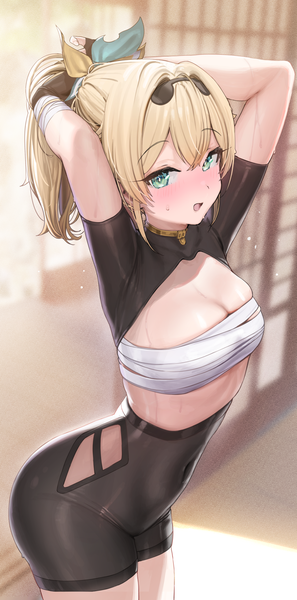 Anime picture 1012x2047 with virtual youtuber hololive kazama iroha kanzarin (hoochikiss) single tall image looking at viewer short hair open mouth light erotic blonde hair smile standing green eyes payot ponytail arms up covered navel arms behind head girl
