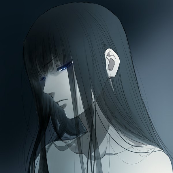 Аниме картинка 1024x1024 с оригинальное изображение tayuya1130 один (одна) длинные волосы голубые глаза чёрные волосы простой фон голые плечи портрет девушка