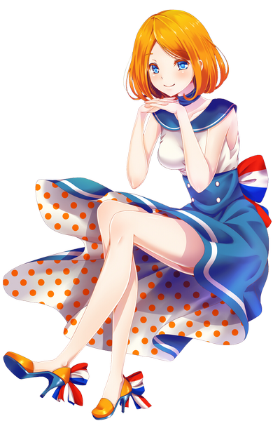 Anime picture 1032x1549 with original orangina pustakkeramzytowy yuki mame single tall image blush short hair blue eyes smile sitting orange hair transparent background flag print rendered girl dress shoes