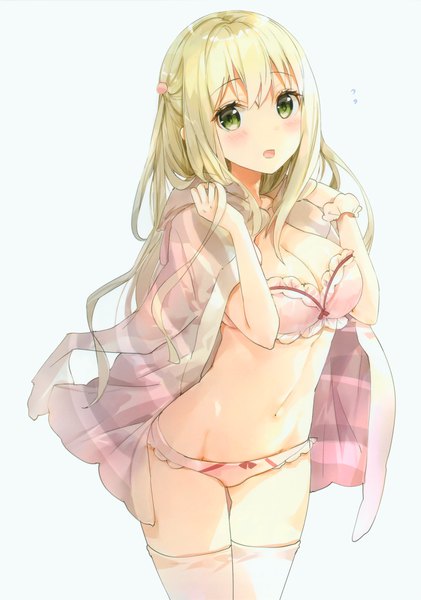 Anime picture 2127x3029 with original fuumi (radial engine) single long hair tall image blush fringe highres open mouth light erotic simple background blonde hair white background green eyes groin clothes on shoulders girl thighhighs underwear panties