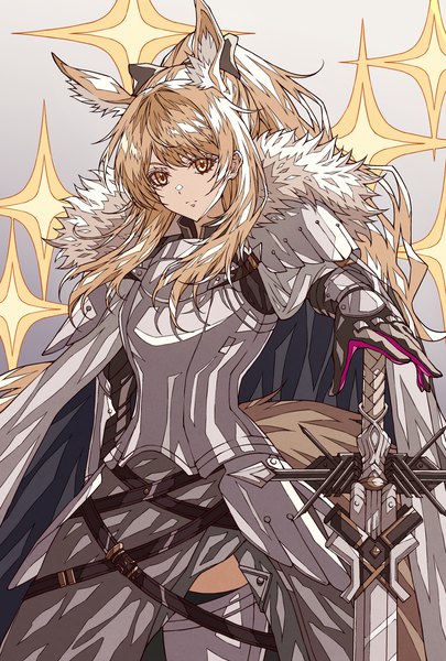 Anime picture 3141x4652 with arknights blemishine (arknights) shokikanes single long hair tall image highres blonde hair animal ears looking away absurdres upper body ponytail tail animal tail fur trim extra ears horse ears horse tail girl