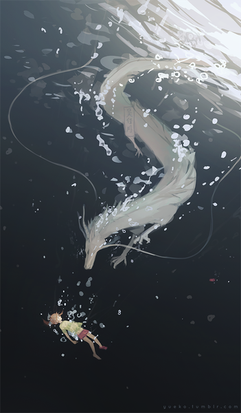 Anime picture 586x1000 with spirited away studio ghibli haku (spirited away) ogino chihiro haku (dragon) yueko (jiayue wu) tall image short hair brown hair full body ponytail underwater fantasy single shoe girl shorts bubble (bubbles) dragon eastern dragon