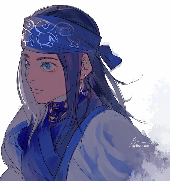 Anime picture 1874x2000 with golden kamuy asirpa zifletts single long hair tall image highres blue eyes black hair white background signed upper body traditional clothes twitter username ainu clothes girl earrings hairband hoop earrings