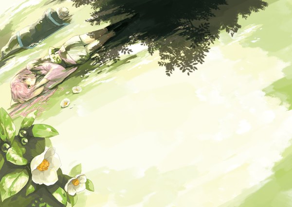 Аниме картинка 1500x1065 с в далекие времена kasuga nozomi длинные волосы зелёные глаза розовые волосы лёжа тень поле девушка юбка цветок (цветы) растение (растения) носки носки (чёрные) трава