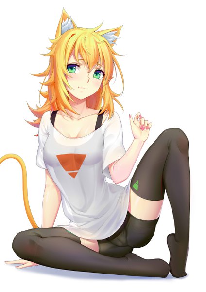 Anime picture 3507x4960 with original sonikey0 0 single long hair tall image looking at viewer blush fringe highres breasts light erotic simple background blonde hair smile hair between eyes white background sitting green eyes animal ears absurdres