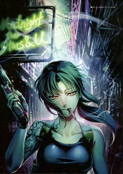 Anime picture 2516x3549 with black lagoon madhouse revy (black lagoon) hiroe rei single tall image looking at viewer highres open mouth bare shoulders yellow eyes blue hair ponytail wind tattoo smoke smoking girl gloves weapon