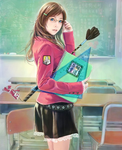 Anime picture 975x1200 with original eat0123 long hair tall image looking at viewer blue eyes brown hair nail polish parted lips fingernails realistic depth of field sleeves past wrists classroom adjusting glasses girl skirt uniform glasses hairclip