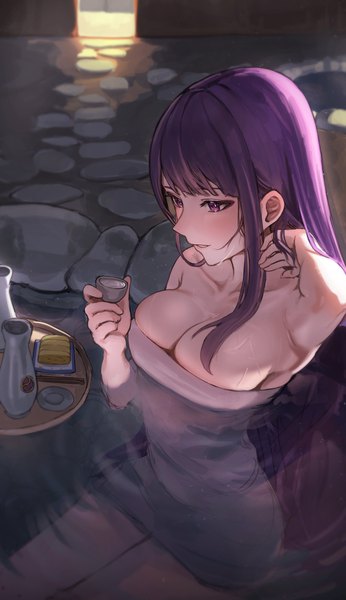 Anime picture 591x1024 with genshin impact raiden shogun apopo single long hair tall image blush fringe breasts light erotic large breasts sitting purple eyes holding looking away purple hair outdoors blunt bangs arm up light smile