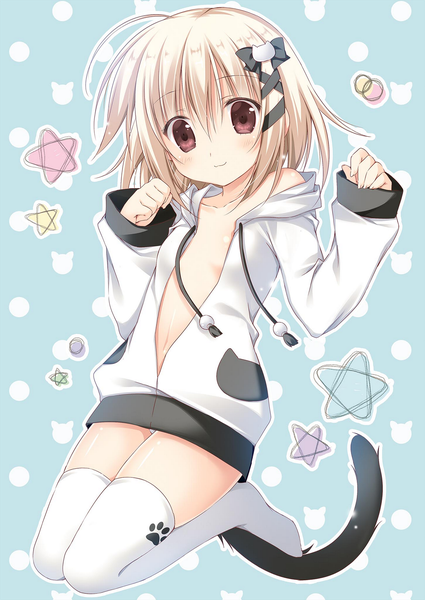 Anime picture 1451x2048 with alice or alice mako (alice or alice) korie riko single tall image looking at viewer blush fringe short hair light erotic simple background blonde hair smile hair between eyes brown eyes cleavage full body bent knee (knees) tail long sleeves