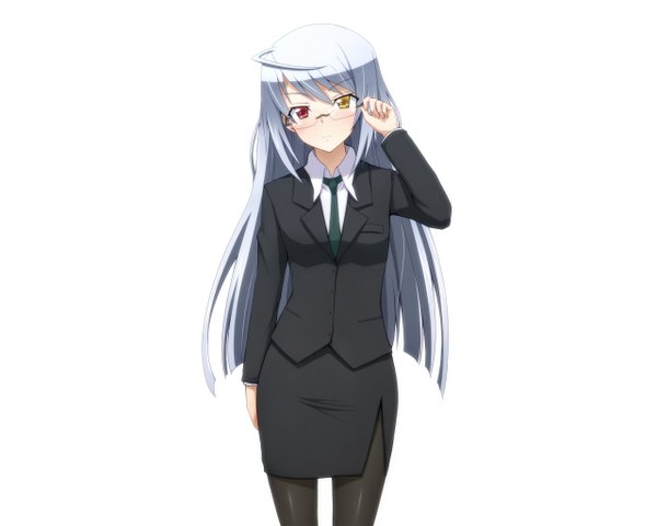 Anime picture 1280x1024 with infinite stratos 8bit laura bodewig single long hair looking at viewer blush simple background red eyes white background yellow eyes silver hair grey hair heterochromia girl skirt pantyhose glasses necktie suit