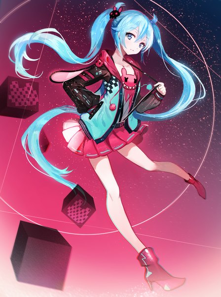 Anime picture 1200x1604 with vocaloid hatsune miku juexing (moemoe3345) single long hair tall image looking at viewer fringe blue eyes hair between eyes twintails payot blue hair full body pleated skirt light smile open jacket high heels skirt lift hand in pocket