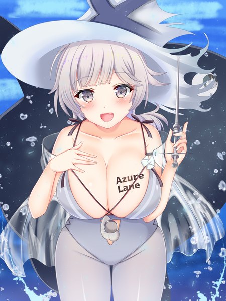 Anime picture 1125x1500 with azur lane seattle (azur lane) seattle (sunfish spell!) (azur lane) nao (naobinarydigit) single long hair tall image looking at viewer blush breasts open mouth light erotic large breasts :d grey hair grey eyes fang (fangs) copyright name official alternate costume hand on chest