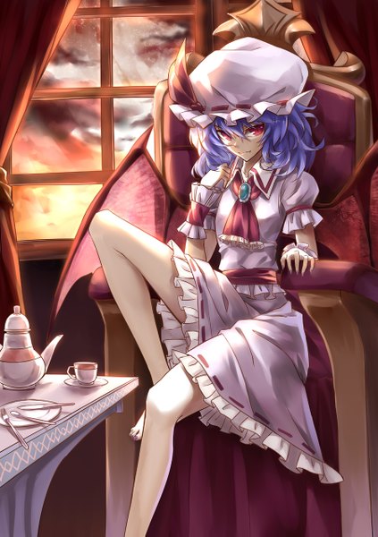 Anime picture 900x1275 with touhou remilia scarlet kamiljm single tall image looking at viewer short hair red eyes sitting sky purple hair barefoot girl dress wings window bonnet cup armchair teapot