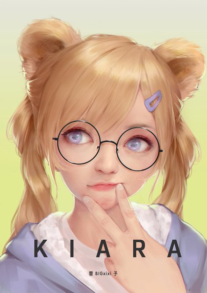 Anime picture 1307x1848 with original kiara (maou renjishi) bigxixi single long hair tall image blush fringe blue eyes simple background blonde hair hair between eyes twintails signed animal ears looking away upper body lips realistic character names