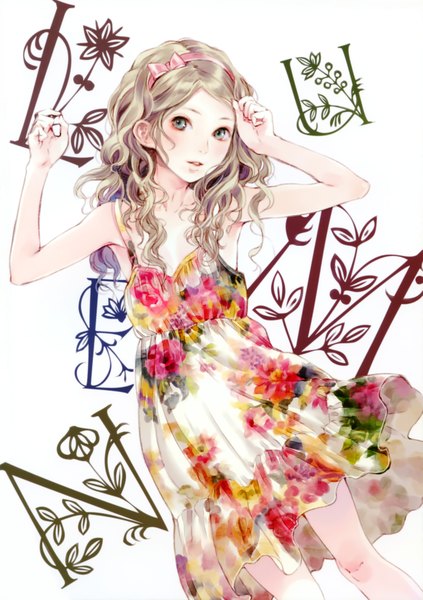 Anime picture 2461x3494 with original kishida mel single long hair tall image looking at viewer blush highres open mouth blonde hair standing green eyes light smile wind sleeveless floral print wavy hair girl dress hair ornament